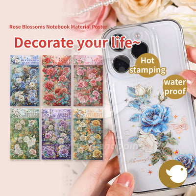 Rose blossoms handbook material stickers embossed gold foil waterproof decorative stickers material package