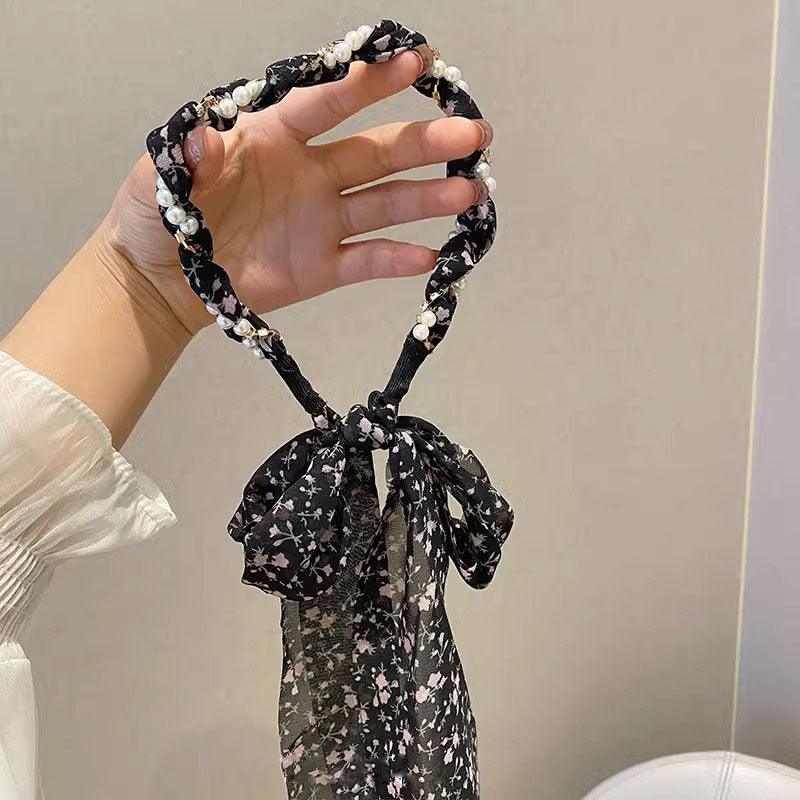 Braided hair ribbon, pearl floral silk scarf headband, sweet crystal pearl hair bow headband, floral lace, popular hair accessories, hair styling - CHL-STORE