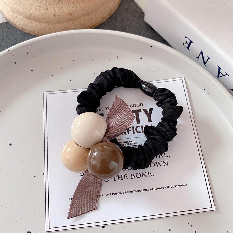 High elastic tail simple large intestine hair band black flower coffee flower coffee three beads popular accessories bun styling rubber band hair accessories - CHL-STORE