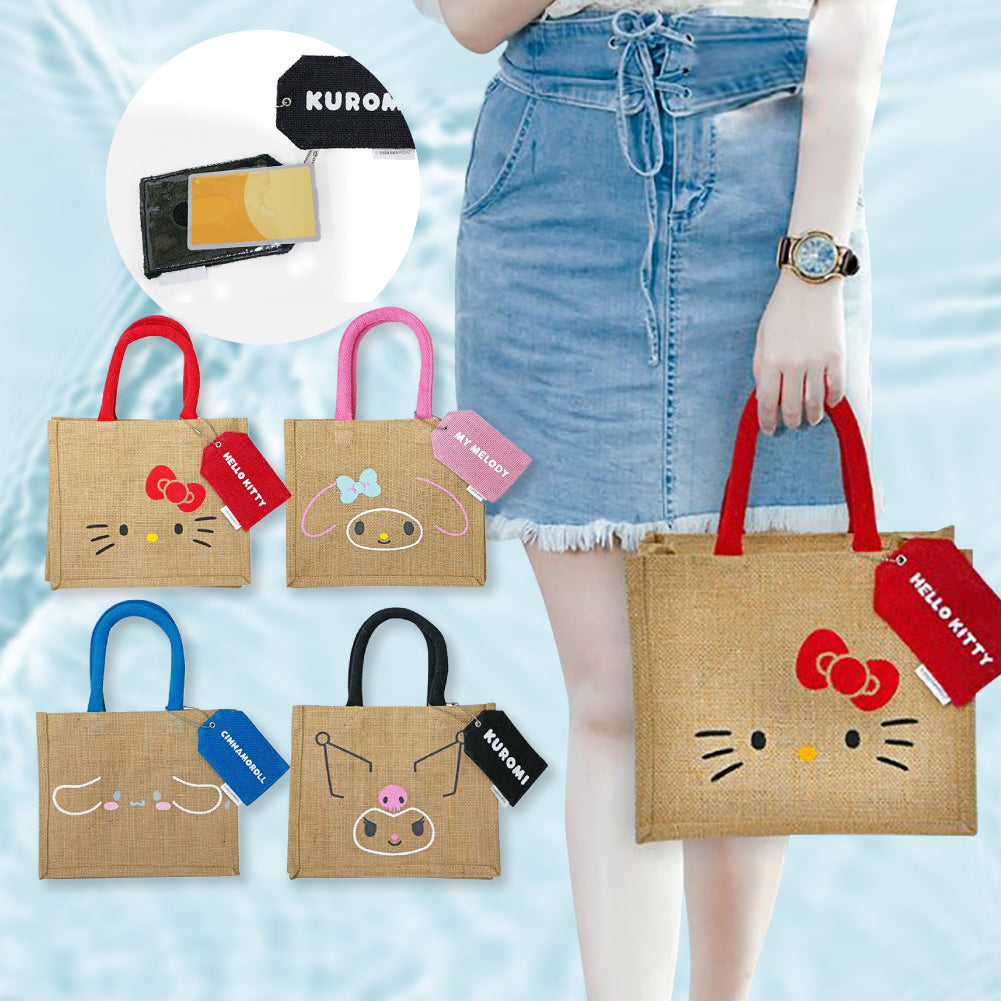 Sanrio popular character jute handbag, pass case, zipper, jute material, eco-friendly, Indian hemp, wide mouth, Cinnamoroll Kuromi, Hello Kitty handbag, study bag