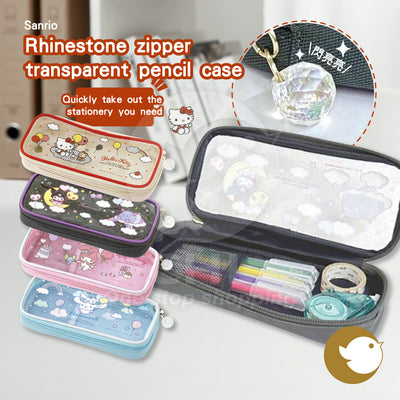 Sanrio rhinestone zipper transparent pencil case Hello Kitty Kuromi My Melody Cinnamoroll quick access to stationery shiny rhinestones easy storage