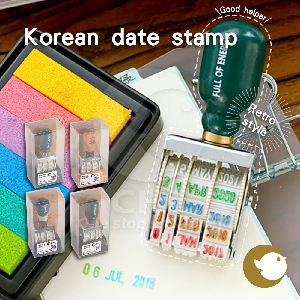 Korean date stamp seal, a good helper for your wallet, retro style, roller date stamp, full of energy, wooden handle, metal matching, student office, track stamp tool