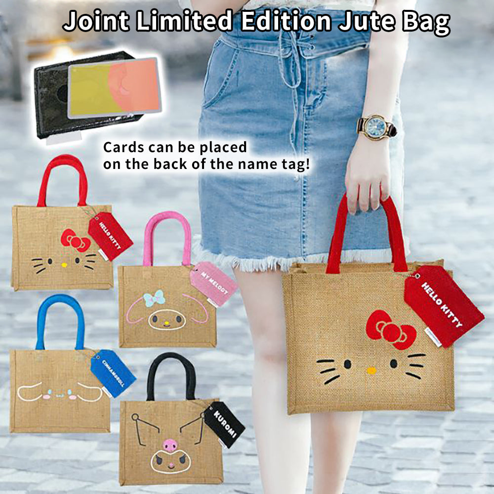 Sanrio popular character jute handbag, pass case, zipper, jute material, eco-friendly, Indian hemp, wide mouth, Cinnamoroll Kuromi, Hello Kitty handbag, study bag