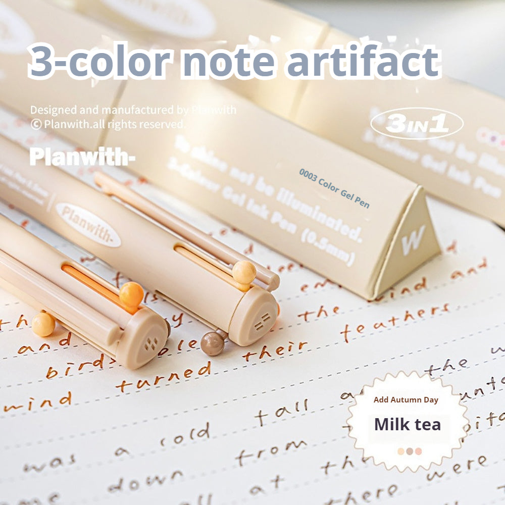 Planwith Sign triangular multi-color pen white milk tea blue pen barrel 3-color matching imported ink 0.5mm press 3-color gel pen
