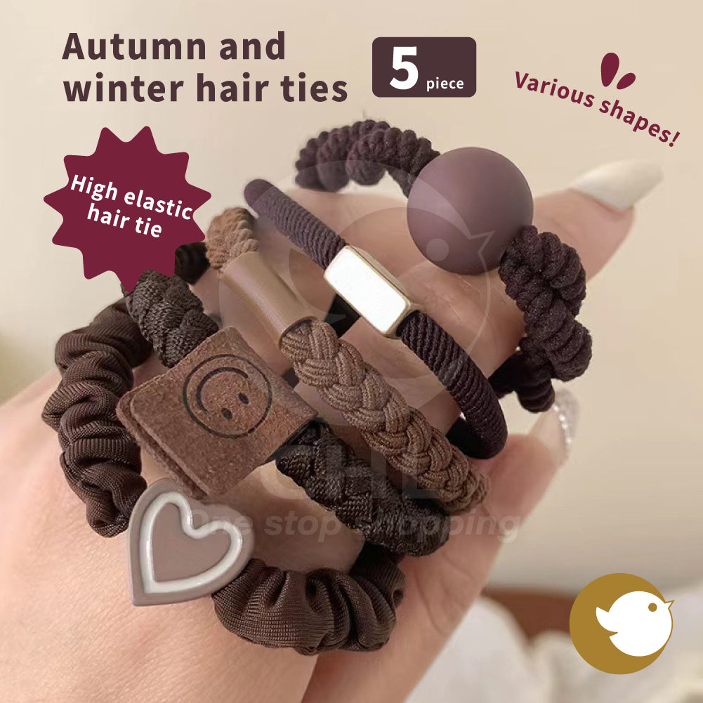 Autumn and winter hair ties, high elasticity hair ties, 5-piece set, 10-piece set, various styles, Korean style, Korean style, simple, cute, easy to match, camel, warm brown, hair accessories