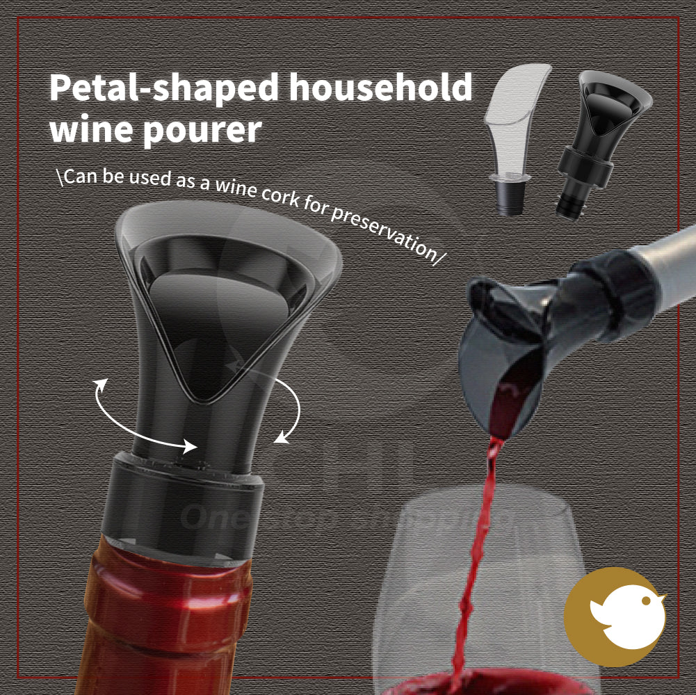 Petal-shaped household wine pourer, 2-in-1 red wine stopper, fresh-keeping, easy to pour wine without spilling, transparent wine pourer, black 2-in-1 wine pourer