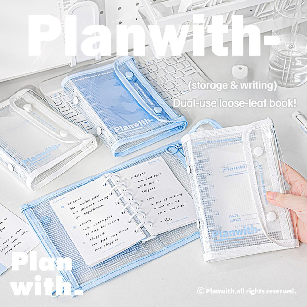 Planwith practical and removable 6-hole dual-purpose storage loose-leaf notebook, notebook, multi-purpose storage bag, white/blue, can be used as a pencil case, portable notes, study records, daily necessities, multi-functional stationery