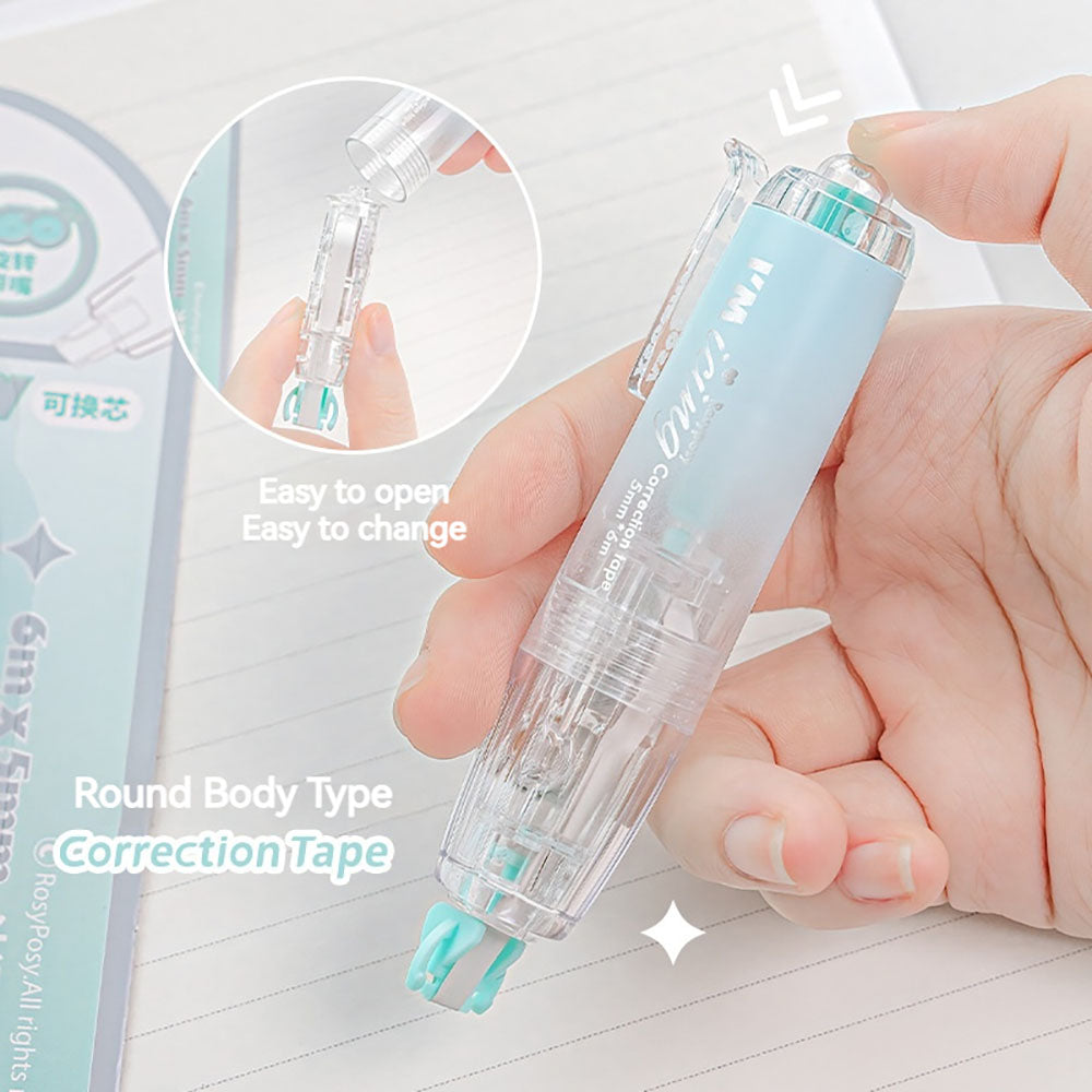 RosyPosy translucent ice-clear press-type correction tape, stand-up strap, replaceable core, gradient color, blue, white, pink, mint, study and office, daily life stationery