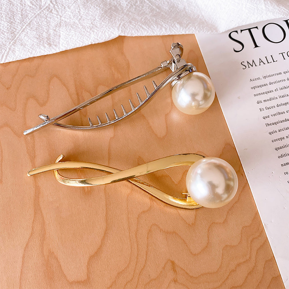 Simple temperament pearl hairpin, headwear, hairpin, clip, duckbill clip, jewelry, hair accessories, pearl, soft curve, gold, silver, texture