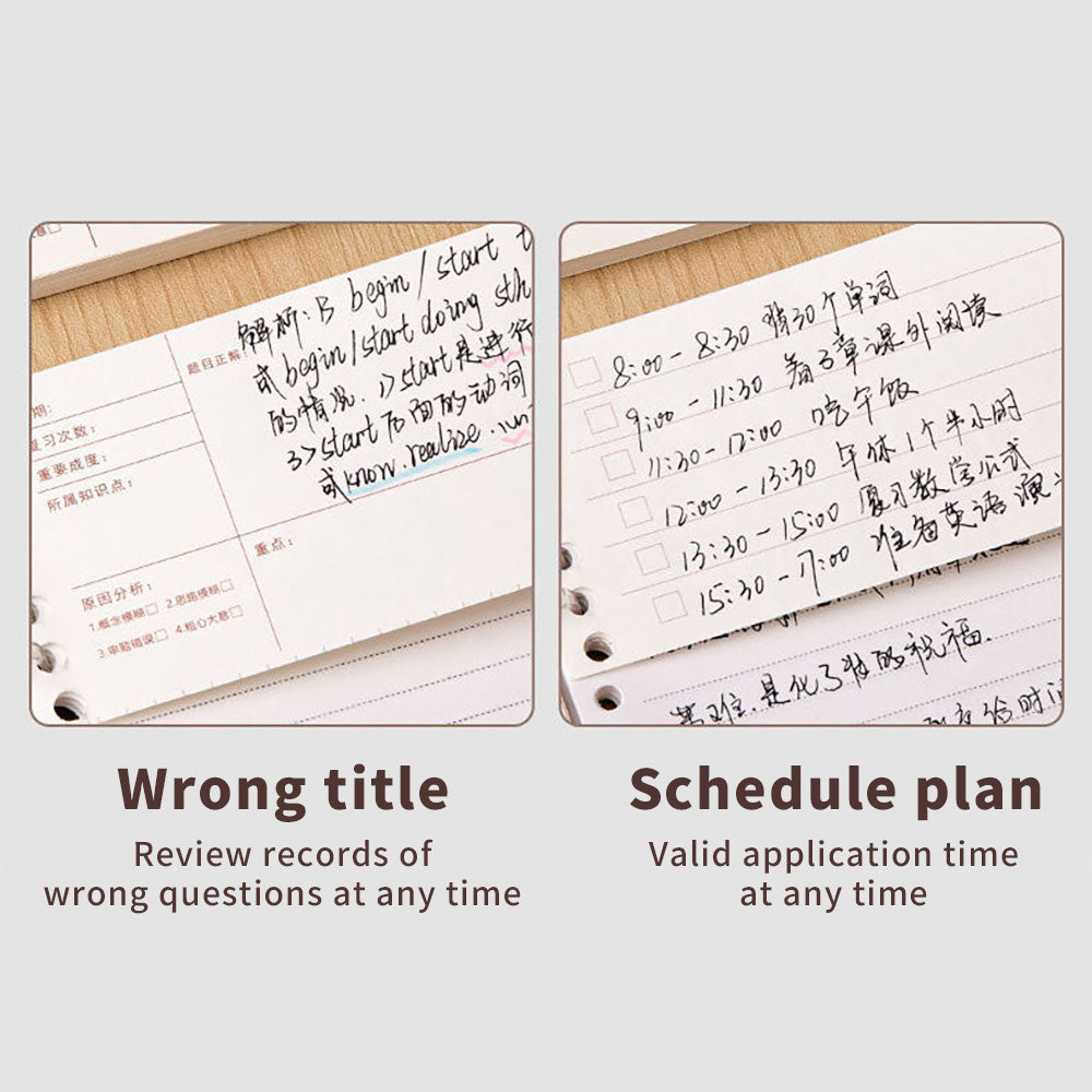 Loose-leaf note pad, loose-leaf paper, removable loose-leaf refills, schedule, wrong questions, loose-leaf paper, rounded corners, protects fingers, paper does not bleed ink, easy to use, can be disassembled and replenished.