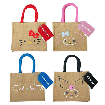 Sanrio popular character jute handbag, pass case, zipper, jute material, eco-friendly, Indian hemp, wide mouth, Cinnamoroll Kuromi, Hello Kitty handbag, study bag