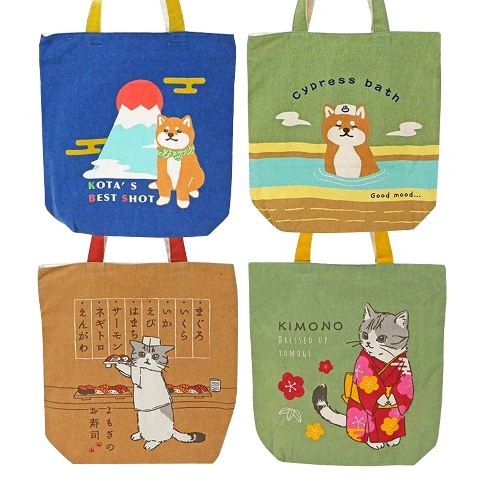 MINTinn Zippered Canvas Tote Bag (Shiba, Cats, Mt. Fuji, Sushi & Onsen Designs)