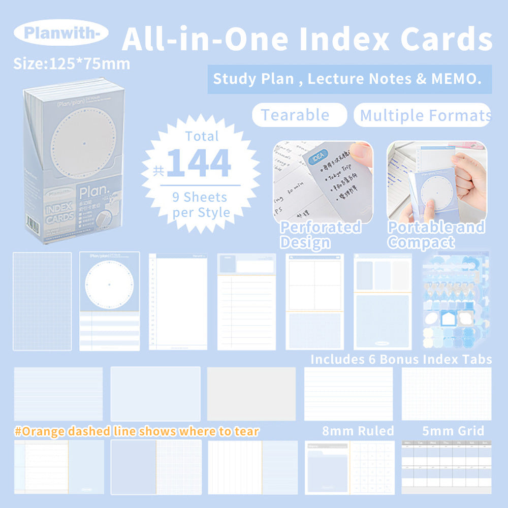 Planwith Useful Index Tab Set – Tear-Off Cards with Sticky Tabs for Study & Planning