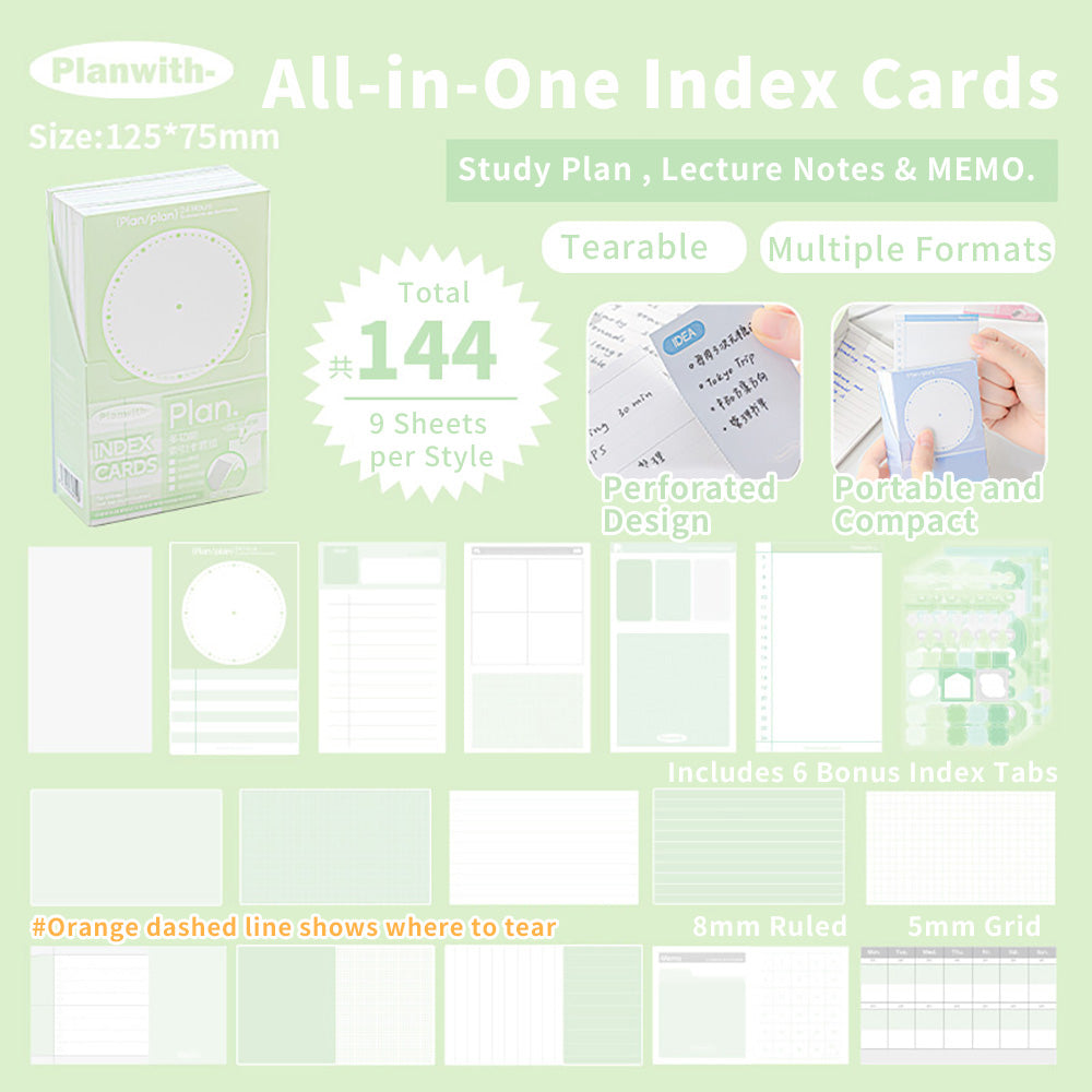 Planwith Useful Index Tab Set – Tear-Off Cards with Sticky Tabs for Study & Planning