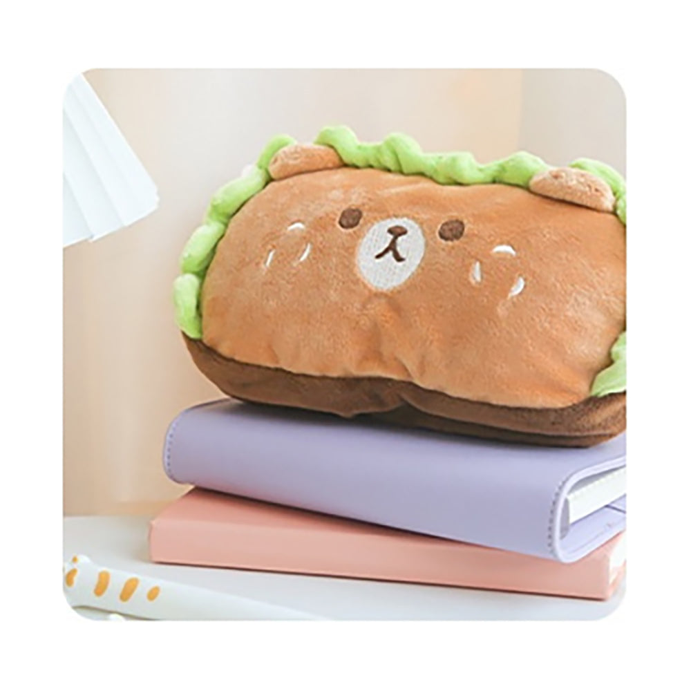 Cute hamburger pencil case, cute, full of fun, embroidery, large capacity, double zipper pullers, soft short plush, healing bear, puppy, burger, fat pencil case