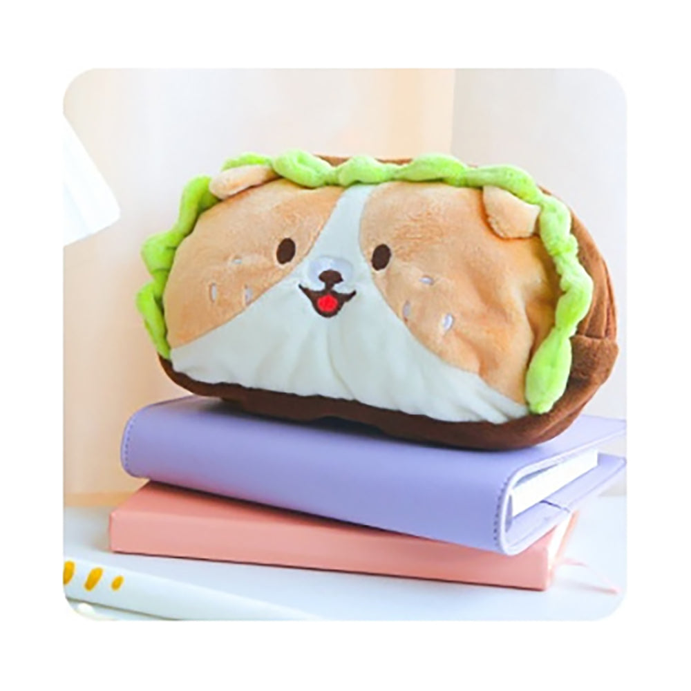 Cute hamburger pencil case, cute, full of fun, embroidery, large capacity, double zipper pullers, soft short plush, healing bear, puppy, burger, fat pencil case
