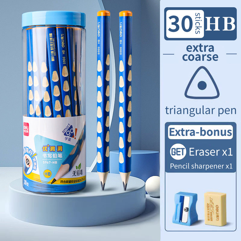 Deli Big Triangular Pole Positive Posture Practicing Words Hole Pencil Thick Rod HB / 2B Regular Type Extra Thick Type Free Exclusive Pencil Sharpener + Eraser Practice Handwriting Grip Pen