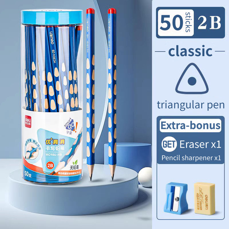 Deli Big Triangular Pole Positive Posture Practicing Words Hole Pencil Thick Rod HB / 2B Regular Type Extra Thick Type Free Exclusive Pencil Sharpener + Eraser Practice Handwriting Grip Pen