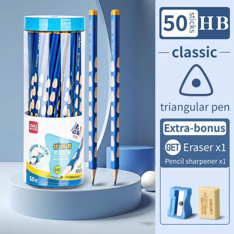 Deli Big Triangular Pole Positive Posture Practicing Words Hole Pencil Thick Rod HB / 2B Regular Type Extra Thick Type Free Exclusive Pencil Sharpener + Eraser Practice Handwriting Grip Pen