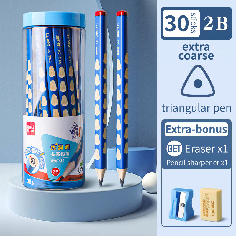 Deli Big Triangular Pole Positive Posture Practicing Words Hole Pencil Thick Rod HB / 2B Regular Type Extra Thick Type Free Exclusive Pencil Sharpener + Eraser Practice Handwriting Grip Pen