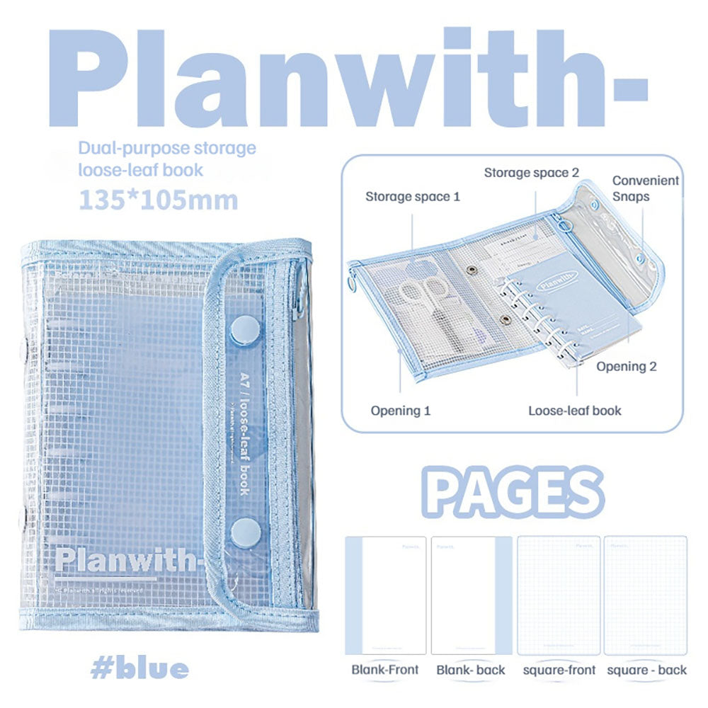 Planwith practical and removable 6-hole dual-purpose storage loose-leaf notebook, notebook, multi-purpose storage bag, white/blue, can be used as a pencil case, portable notes, study records, daily necessities, multi-functional stationery