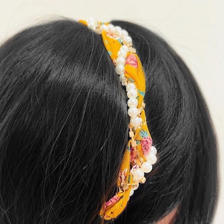 Braided hair ribbon, pearl floral silk scarf headband, sweet crystal pearl hair bow headband, floral lace, popular hair accessories, hair styling - CHL-STORE 