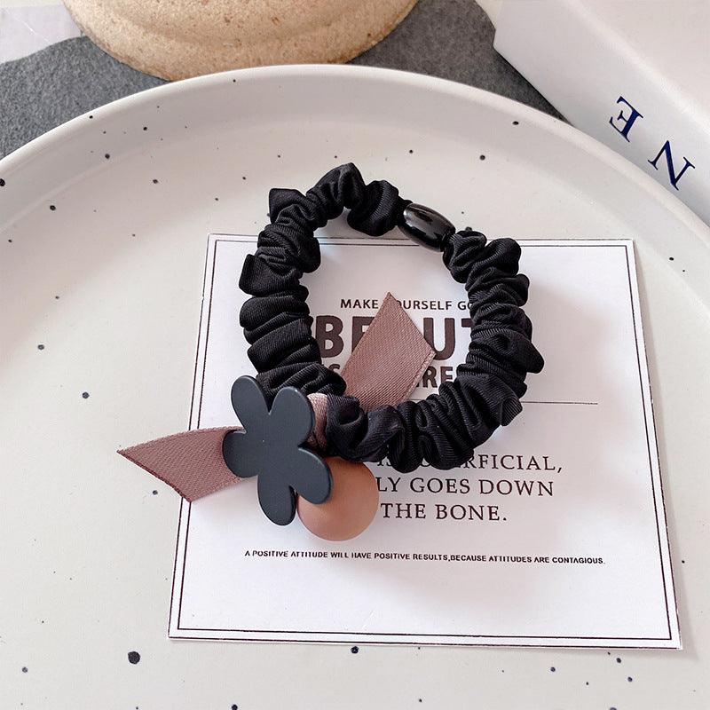 High elastic tail simple large intestine hair band black flower coffee flower coffee three beads popular accessories bun styling rubber band hair accessories - CHL-STORE 