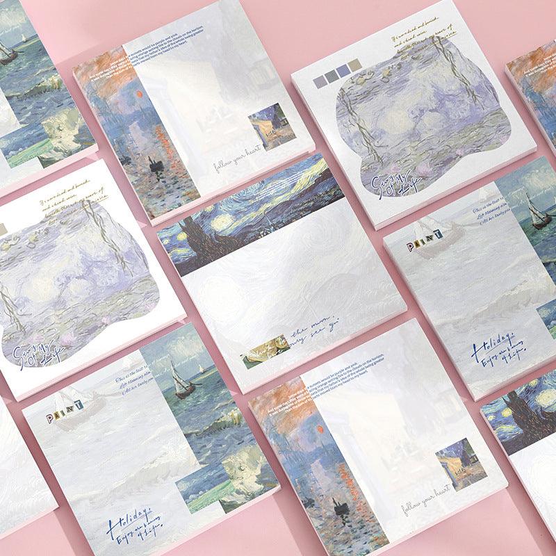 Korean ins wind world famous painting series post-it notes non-adhesive literary sticky notes Monet sunrise / water lilies Van Gogh seascape / starry night H7TRWF - CHL-STORE 