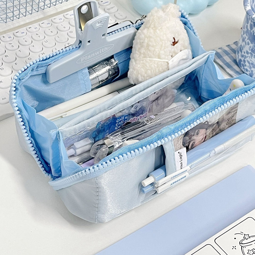 Korean ins large-capacity prism pencil case with simple separation, orderly, convenient and easy to carry, soft and girly blue pink prism pencil case