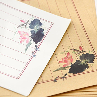 Antique Retro Border Lotus Ink Watercolor Style White Paper Letter Paper Letterhead 8 Sheets NP-H7TAY-310 - CHL-STORE 