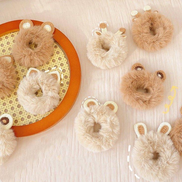 CHUNLUNG/ CHL-STORE Cute Knitted Plush Hair Ring - Soft Girl Hair Accessories Beige Bear Ears