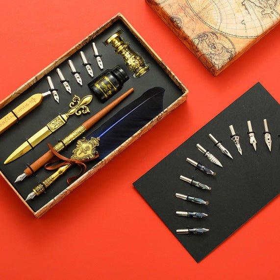 Quill Pen and Ink Set, Calligraphy Feather Pen Set with Wax Seal Stamp, Ink,  and