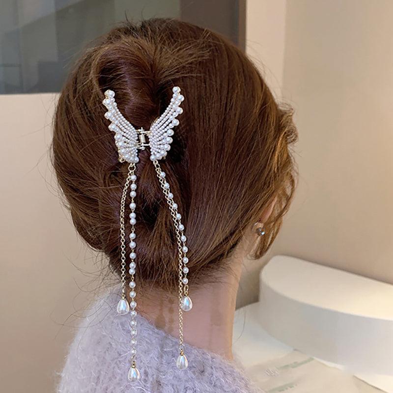 Korean Fairy French minimalist retro Metal Tassel Pearl Large Shark Clip Beauty Salon Exquisite Hair Clip Net Beauty Blonde Fashion Accessories - CHL-STORE 