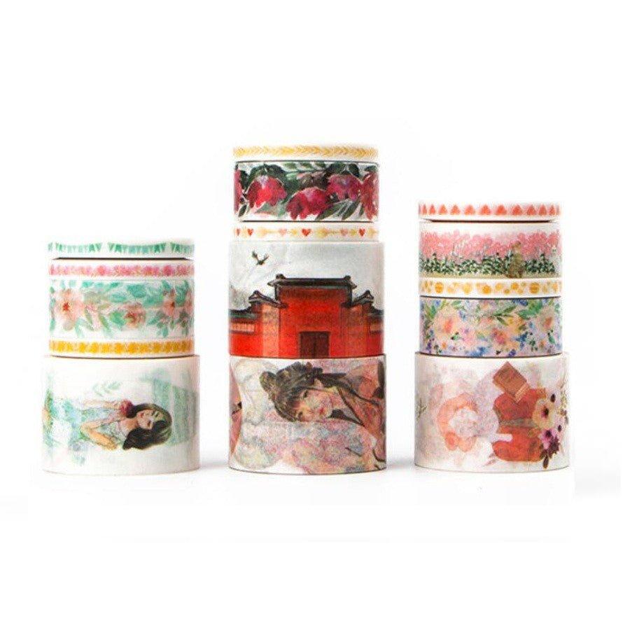 Original Flower Ancient Ｍint Green Carmine Pink Girl Ink Series Decoration Border Sticker Hand Account Washi Tape Paper Tape NP-H7TGI-005 - CHL-STORE 