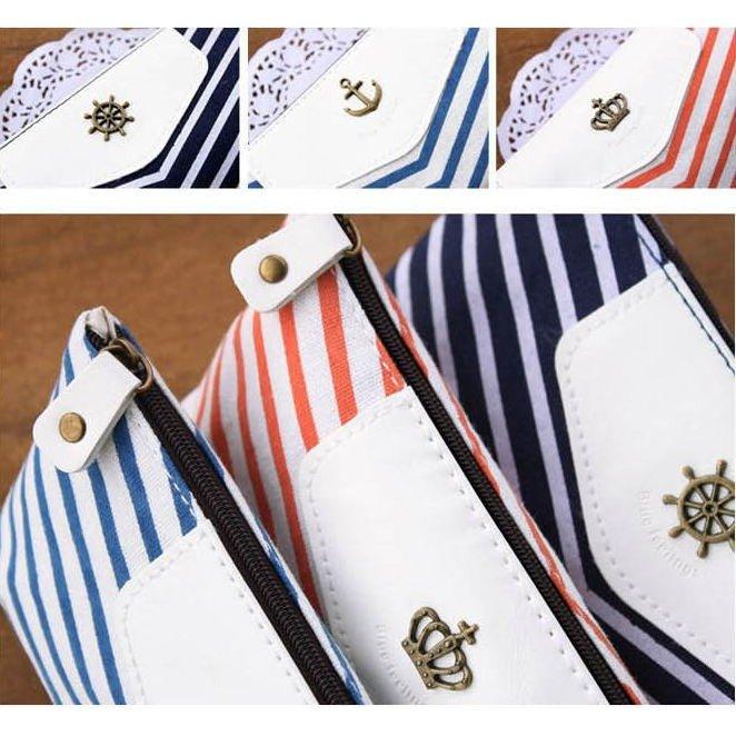 Simple Versatile Navy Crown Striped Sea Breeze Pencil Case Pencil Case Pen Case Canvas Pen Case Storage Bag Orange - CHL-STORE 